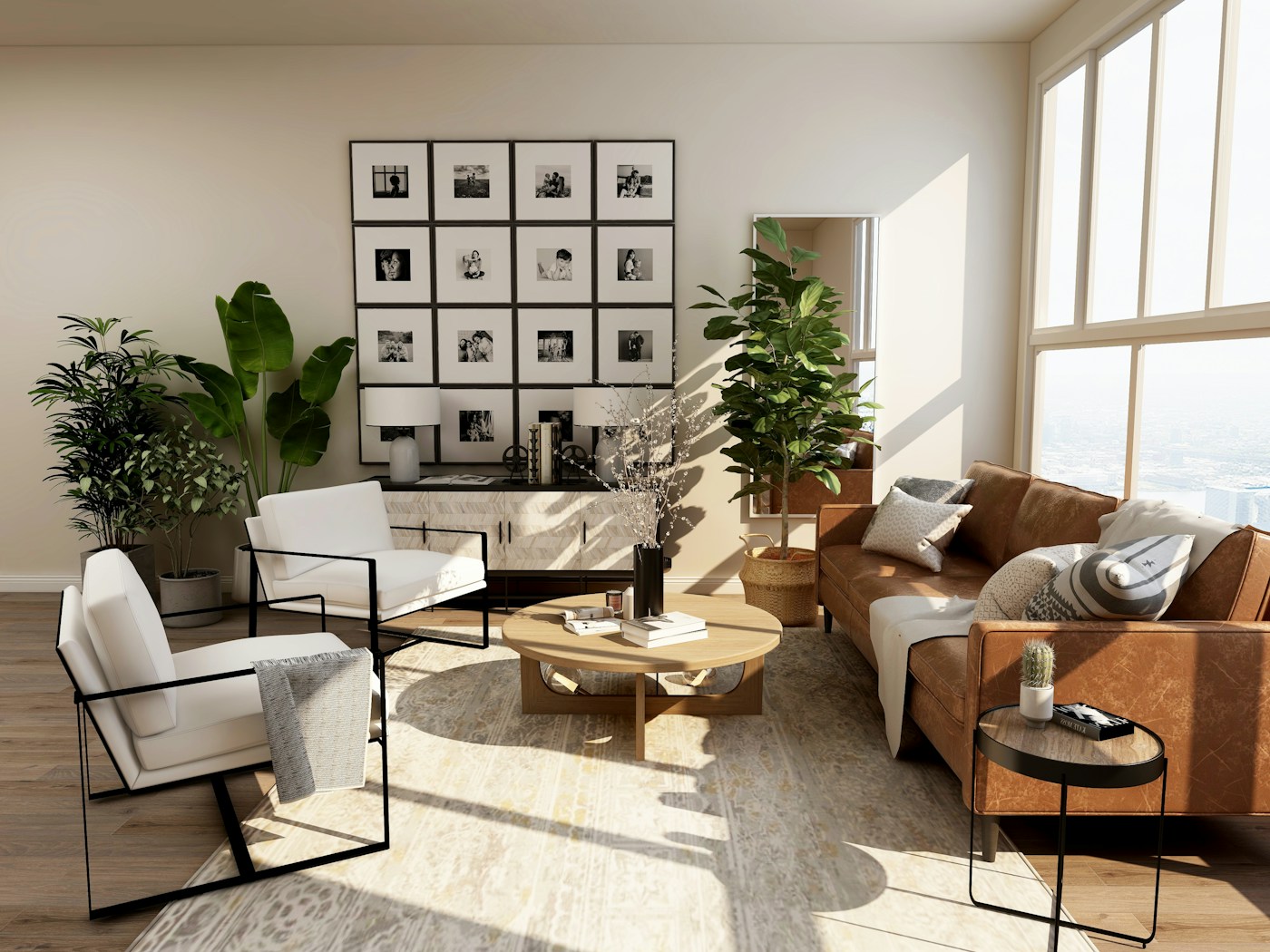 Ruang tinggal dengan furnitur kayu dan upholstery netral
